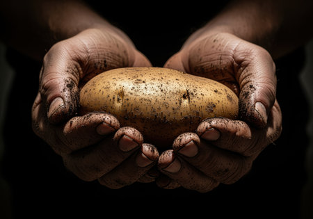 A close up shot of rough, dirt covered hands holding a single, newly harvested potato against a dark background. this image conveys themes of farming labor, sustenance, and food production.の素材