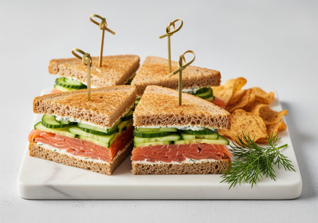 Four gourmet smoked salmon and cucumber sandwiches, layered with cream cheese on toasted whole wheat bread, perfect for catering or brunch.の素材
