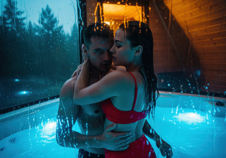 A young couple embraces intimately in a luxurious indoor hot tub spa, illuminated by dramatic blue light. perfect for themes of romance, vacation, and luxury travel.の素材