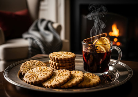 A cozy winter scene featuring a clear mug of steaming mulled wine garnished with spices and orange, served alongside decorative shortbread cookies on a silver tray.の素材