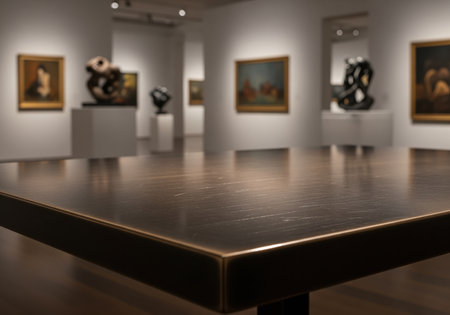 Close up of a luxurious dark metallic table surface showing fine grain texture and reflective highlights under soft interior lighting. great for copy space.の素材