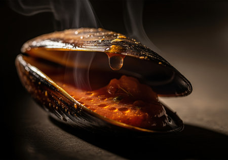 Steaming hot mussel shell revealing rich, savory seafood broth and meat, captured in dramatic low key lighting. perfect for food blogs or menus.の素材