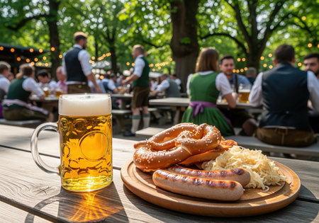 A refreshing glass of golden beer and a wooden plate of grilled sausages, pretzel, and sauerkraut sit on a rustic wooden table. this scene captures the lively atmosphere of a traditional german beer garden, perfect for travel or food content.の素材