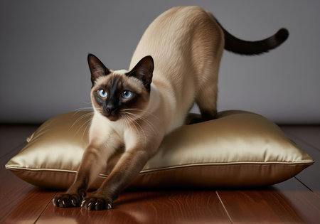 An elegant siamese cat with striking blue eyes and dark points performs a graceful stretch while resting on a luxurious golden satin cushion.の素材