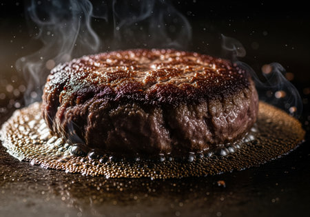 Juicy, thick beef patty searing intensely on a hot griddle, surrounded by bubbling fat and rising steam. captures the cooking process dramatically for food media.の素材
