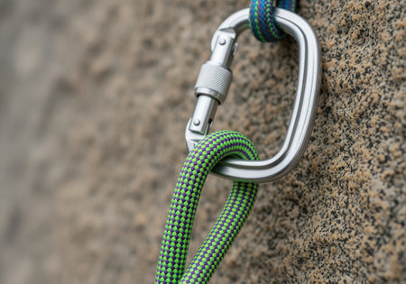 A close up shot of a durable metal locking carabiner connected to a bright green and black patterned climbing rope, essential for safety in extreme sports.の素材
