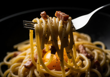 A fork lifts thick strands of classic italian carbonara pasta, highlighting the creamy sauce, savory bacon, and fresh cracked pepper.の素材