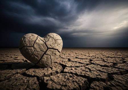 A cracked, heart shaped stone lies on parched, dry ground under a dark, dramatic sky. this powerful image symbolizes heartbreak, emotional pain, drought, and loss.の素材