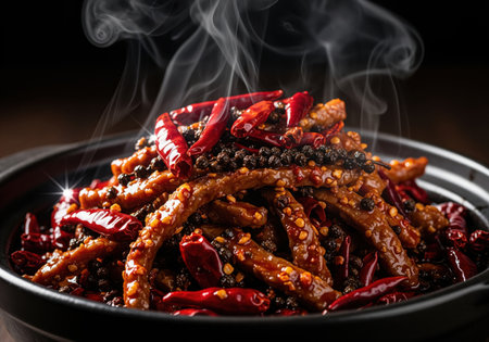 Steaming hot szechuan beef strips are coated in glistening chili oil, dried red peppers, and black peppercorns, highlighting the spicy, aromatic chinese cuisine.の素材