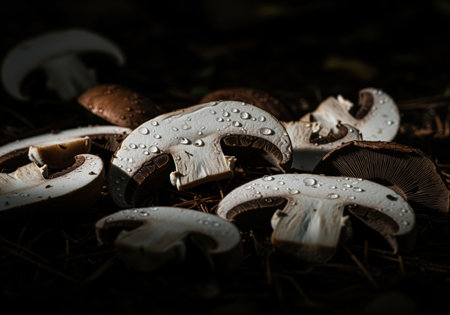 A dramatic, low key close up of sliced brown mushrooms, possibly portobello, covered in fresh water droplets, highlighting the texture and dark gills.の素材