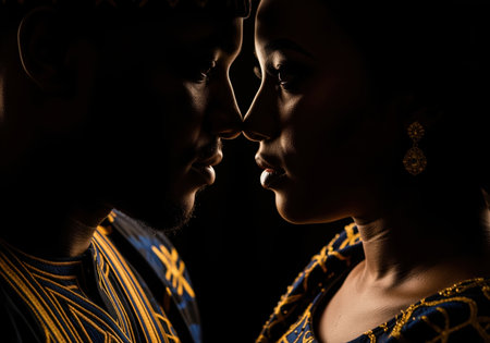 Intimate, low key studio portrait capturing the profiles of an african couple standing nose to nose, highlighted by dramatic light on their traditional attire.の素材