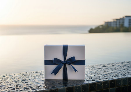 Elegant white gift box wrapped with a navy blue ribbon bow resting on the wet tiles of a luxurious infinity pool during golden hour.の素材