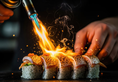 Close up shot of a chef using a kitchen blowtorch to sear the fish topping on freshly prepared sushi rolls, resulting in intense flames and sparks.の素材
