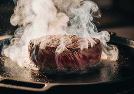 A juicy, thick cut of raw beef steak is intensely seared on a hot cast iron griddle, releasing dramatic plumes of white steam and smoke.の素材