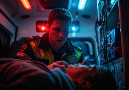 A dramatic, low light shot showing a dedicated paramedic attending to a patient on a stretcher inside a moving ambulance during a critical night emergency. the interior is illuminated by red and blue lights, emphasizing the urgency of the situation.の素材