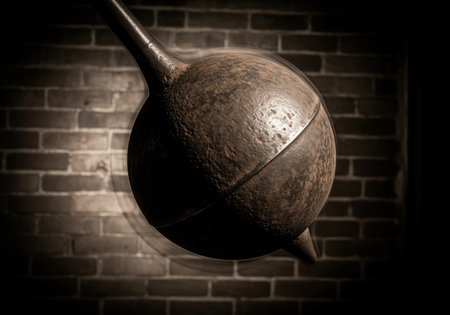 A dramatic close up of a massive, textured, rusty iron sphere swinging rapidly, creating a powerful sense of motion and potential destruction. this heavy object suggests themes of force, time, or industrial power.の素材