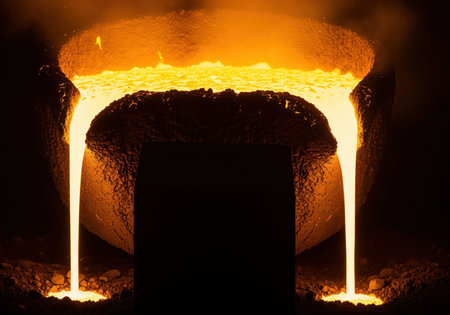 Close up view of bright, glowing molten metal pouring out of a massive industrial ladle in a dark steel mill environment. this intense heat symbolizes heavy industry and manufacturing.の素材