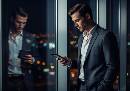 A confident young executive in a suit stands by a large office window at night, reviewing data on his digital tablet. his reflection is visible in the glass.の素材
