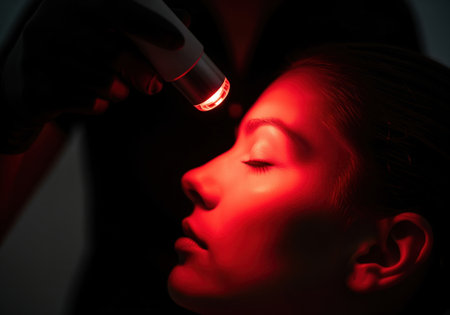 Close up profile shot of a woman receiving professional red light therapy on her face. this cosmetic treatment promotes skin rejuvenation and anti aging benefits.の素材