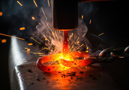 Close up view of a blacksmith using a hammer to shape intensely glowing, cherry red iron on an anvil, creating a shower of bright sparks and smoke.の素材