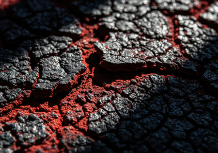 A dramatic close up of a highly textured surface featuring deep black cracks revealing a contrasting, vibrant red material beneath. this abstract pattern is suitable for backgrounds, overlays, or conceptual designs related to decay, heat, or destruction.の素材