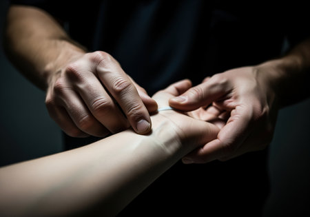 A dramatic, high contrast close up shot showing a medical professional hands carefully checking the faint pulse on a patient pale wrist. this image conveys urgency and care.の素材