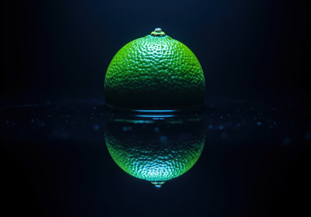 A single, textured green lime is dramatically illuminated, resting partially submerged on a reflective dark water surface, emphasizing freshness and contrast.の素材