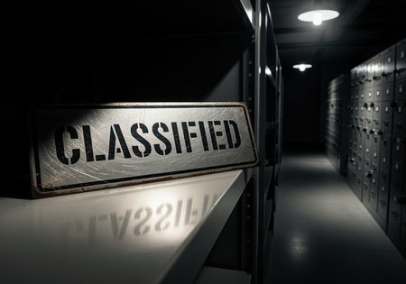 A dramatic shot of a scratched metal sign reading CLASSIFIED placed on a shelf inside a dark, secure storage room or government archive.の素材