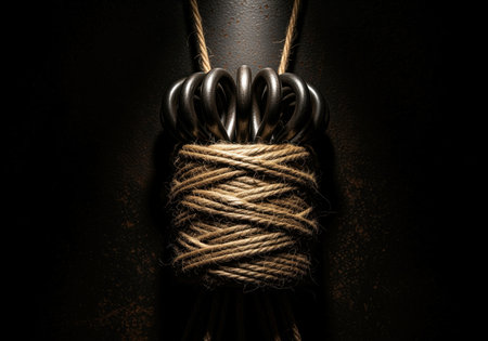 Dark metallic hooks are tightly bundled and wrapped with rough hemp twine, creating a dramatic, low key composition emphasizing strength, binding, and rustic texture.の素材