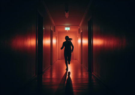 A dramatic silhouette of a person running away down a long, dark hallway illuminated by intense red light, suggesting themes of fear, escape, and urgency.の素材
