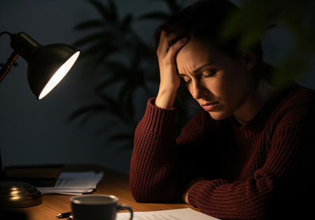 Exhausted young woman suffering from a severe headache while working late at night, illuminated by the bright desk lamp. useful for topics related to stress and overwork.の素材