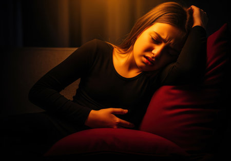 A young woman is shown in intense, low light, clutching her abdomen due to severe pain, possibly related to illness, cramps, or stomach issues.の素材