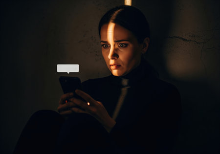 Dramatic portrait of a woman experiencing shock and fear while reading a message on her mobile phone. the harsh lighting emphasizes her distress and vulnerability in the digital world.の素材