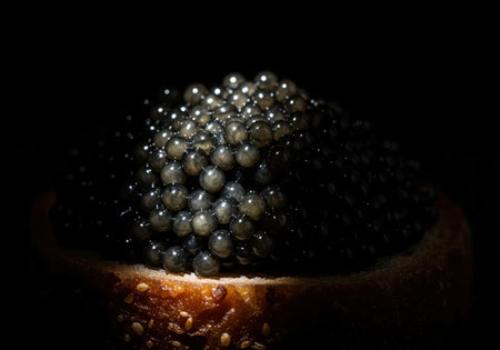 A dramatic close up shot of luxurious black sturgeon caviar piled high on a piece of toasted bread. the moody lighting emphasizes the shiny texture of the delicacy.の素材