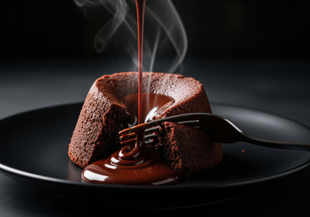 A decadent, steaming hot molten chocolate lava cake sits on a black plate as thick, rich chocolate sauce is poured over the top. a fork pierces the side, revealing the gooey interior.の素材
