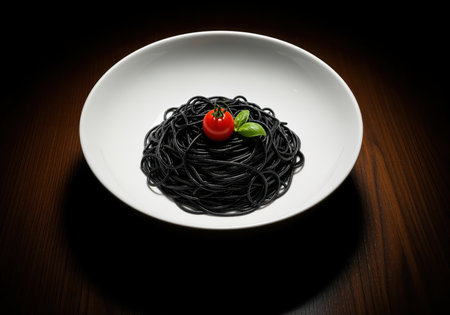 Delicious black pasta, traditionally made with squid ink, presented dramatically in a minimalist white dish, ready for fine dining menus.の素材