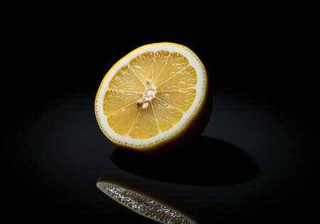 A vibrant yellow half slice of lemon is dramatically illuminated, showcasing the juicy pulp and seeds against a dark background. this citrus fruit is perfect for food, drink, or health concepts.の素材