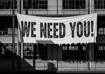 A large, white fabric banner displaying the urgent, distressed message WE NEED YOU! in bold black typography. this image conveys themes of recruitment, crisis, or protest.の素材