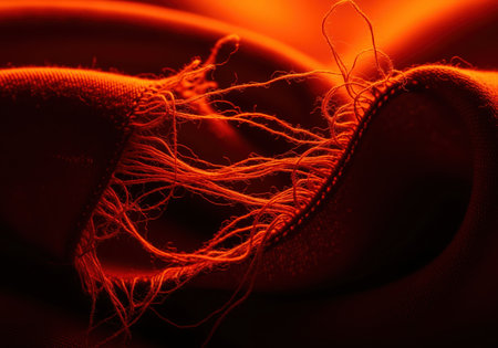 An abstract and intense macro photograph highlighting the rough, frayed edge of deep orange red fabric. loose threads are dramatically illuminated against dark shadows.の素材