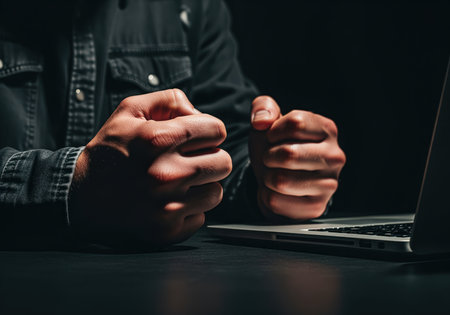 A dramatic, low key close up shot of a person hands clenched into tight fists on a dark table next to a laptop. this image conveys intense frustration, anger, stress, or determination in a dark environment.の素材