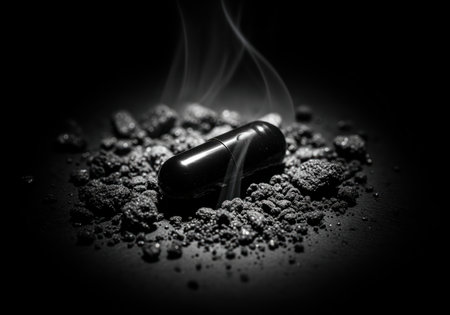 Dramatic black capsule resting on dark powder, emitting smoke under intense spotlighting, symbolizing addiction, toxicity, or secret medicine.の素材