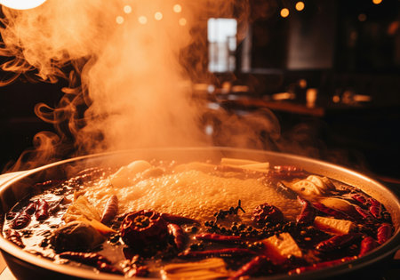 Traditional chinese szechuan hot pot boiling vigorously in a metal pot, featuring red chili peppers and spices, highlighted by dramatic warm lighting and steam.の素材