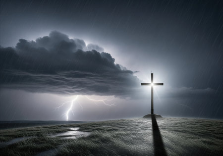 A powerful image of a wooden christian cross standing resiliently on a grassy hill during a severe thunderstorm. bright lightning illuminates the dark, dramatic sky.の素材