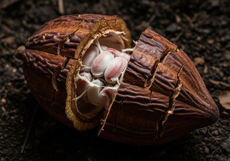 Close up macro shot of a fractured, dark brown cocoa pod lying on the ground, revealing the white, pulp covered cacao beans inside. essential ingredient for chocolate making.の素材
