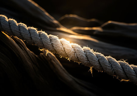 A close up shot highlighting the rugged texture of thick, weathered rope. dramatic golden sunlight catches the frayed fibers against a dark background.の素材