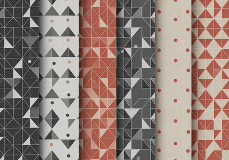 A versatile set of six seamless vertical patterns featuring modern geometric designs, including triangles, squares, and polka dots, presented in a muted scandinavian color palette of gray, beige, and burnt orange.の素材
