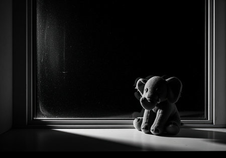 A dramatic, high contrast black and white photograph featuring a plush elephant toy sitting alone on a windowsill, illuminated by a stark beam of light. the moody atmosphere evokes feelings of loneliness and nostalgia.の素材