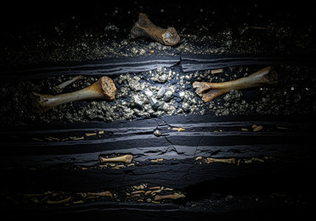 A dramatic close up of a geological cross section revealing layers of dark earth containing ancient animal bones and sparkling pyrite mineral deposits.の素材