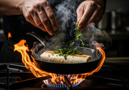 A chef hands sprinkle fresh green herbs onto a wrap cooking in a cast iron skillet. intense flames erupt from the gas burner, creating a dramatic, smoky cooking scene.の素材