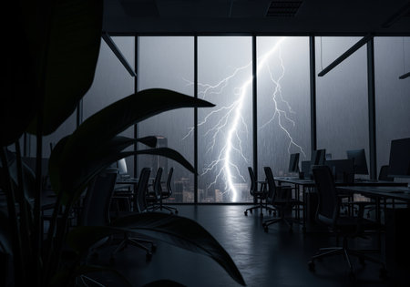 A powerful lightning bolt illuminates the cityscape visible through the large windows of a dark, empty corporate office during a severe thunderstorm. the dramatic scene conveys tension and danger.の素材